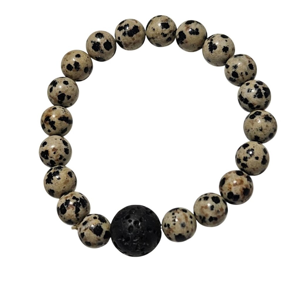 Dalmatian Jasper Lava Stone Beaded Stretch Bracelet Positive Joy Boho Jewelry
